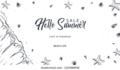 Summer Beach background. Sea Holiday. Linear graphic. Engraved top view illustration. Wave, surfboard, seashells, starfish. Top view. Vector Illustration