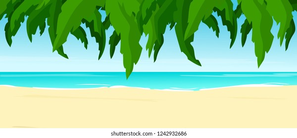 Summer beach background. Sea, sand, palm trees. Palm leaves hanging from above. Horizontal panoramic vector cartoon template illustration for design.