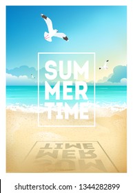 Summer beach background with sea, sky, seagulls and sunrise. Summer placard poster flyer invitation card. Summertime