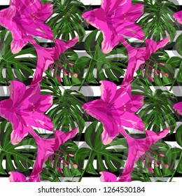 Summer Beach Background. Seamless Illustration. Summer Design for Swimwear. Exotic Palm Greenery Backdrop. Vector Summer Beach Seamless Background.