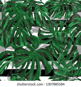 Summer Beach Background. Seamless Illustration. Design for Swimwear. Exotic Palm Greenery Backdrop. Vector Summer Beach Background.
