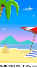 Summer Beach Background with Seascape, Dolphins, Sun Umbrella, Towel and Sandy Castle. Traveling Greeting Card Template for Summertime Vacation, Holiday Cartoon Flat Vector Illustration, Banner, Flyer