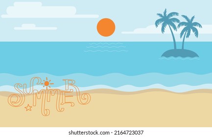 Summer beach background, sky, sun, sea, coconut trees and white sand beach. Vector design illustration.