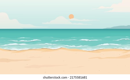 Fondo de playa de verano, cielo, sol, mar, cocoteros y playa de arena blanca. Ilustración de diseño de vectores.