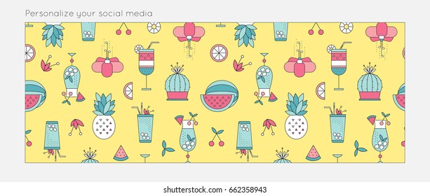 Summer beach background for social media. Vector bright illustration with fruits, flowers, cocktails. Easy to personalize your online page.