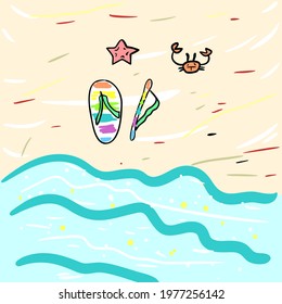 Summer beach background with starfish and crab. Beautiful summer beach vector illustration. 