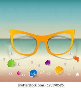  summer, beach background with stickers summer set sunglasses