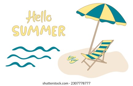 Summer beach Background. Striped Deck chair and Beach umbrella on the Sea coast. Vacation, relax concept. Handwritten lettering text hello summer