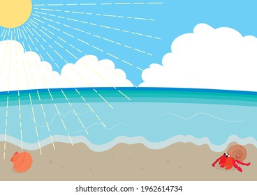Fondo de playa de verano, luz solar, costa, horizonte, cangrejo ermitaño, caparazón 