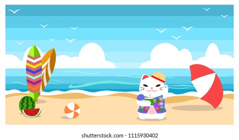 Summer beach background with surfboard, watermelon, ball, umbrella and cat drink coconut at seaside, flat design cartoon style.