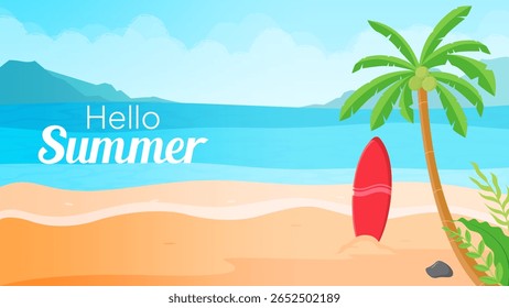 Summer beach background with surfboards and coconut trees. Vector template for banners, posters, and greeting cards. Beautiful seascape flat design.