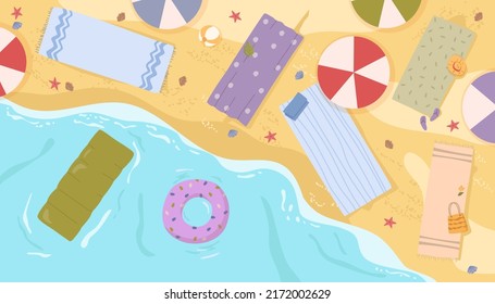 Fondo de playa de verano con toallas sobre la arena, anillo inflable en el agua, accesorios para nadar. Paraíso de vectores de dibujos animados planos en la playa vacía, sin nadie
