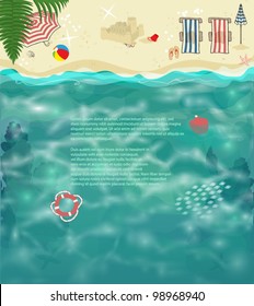 Summer Beach Background - Tropical beach with folding chairs, parasols, sand castle, seashells, colorful ball and other holiday accessories, on golden sand and glittering ocean water as a background