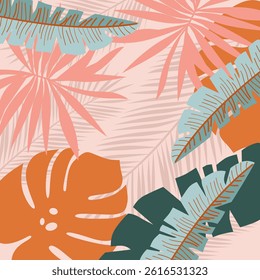 summer beach background with tropical leaves. Illustration vector