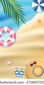 Summer beach background with tropical palm leaves, sandy shore, blue sea, inflatable rings, flip flops, starfish and umbrella. Top view, vibrant holiday concept.