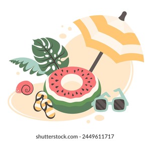 Summer beach background. Tropical seascape with beach accessories. Sunglasses, beach umbrella, inflatable pool,  flip-flops. Summer elements for sunbathing, relax, swimming, vacation holidays. Vector