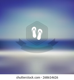 Summer beach background turquoise sea and blue sky with vintage hue. Sandy poster or card. Symbol of flip-flops on hexagonal badge and ribbon. Eps10 vector illustration.
