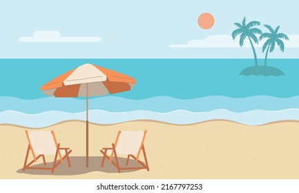 Summer beach background, umbrella, chair, sky, sun, sea, coconut trees and white sand beach. Vector design illustration.