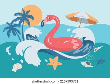 Summer beach background, umbrella, chair, sky, sun, sea, coconut trees and white sand beach. Vector design illustration.