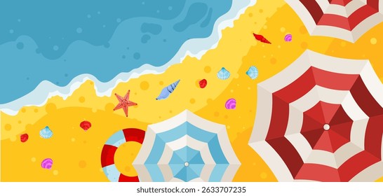 summer beach background with umbrella and seashells – vector illustration
