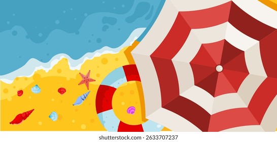 summer beach background with umbrella and seashells – vector illustration