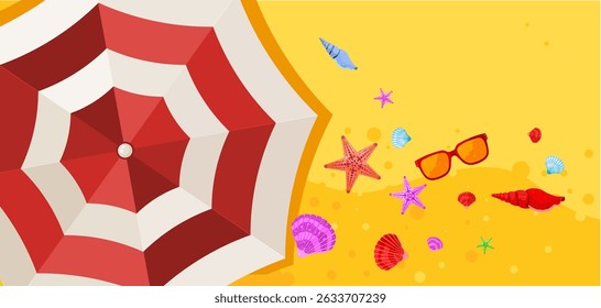 summer beach background with umbrella and seashells – vector illustration