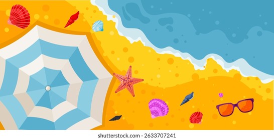 summer beach background with umbrella and seashells – vector illustration
