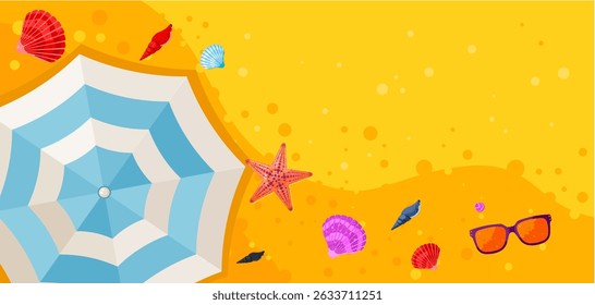 summer beach background with umbrella and seashells – vector illustration