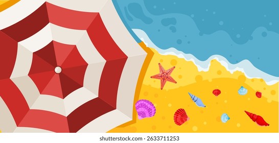 summer beach background with umbrella and seashells – vector illustration