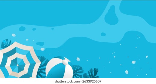 Fondo de playa de verano con sombrilla y conchas marinas - Ilustración vectorial	