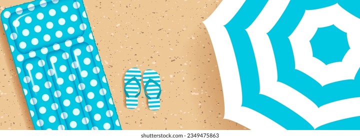 Summer beach background. Beach umbrella, striped flip-flop sandals and inflatable float mattress