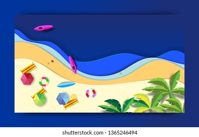Summer beach background with umbrellas,balls,swim ring ,surfboard, hat,starfish and sea. aerial view of summer beach in paper cut and craft style.