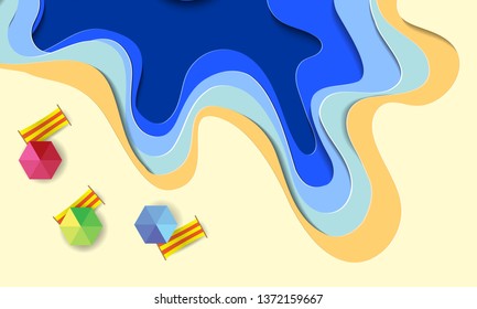 Summer beach background with umbrellas,balls,swim ring,,surfboard, hat,starfish and sea. aerial view of summer beach in paper cut and craft style.