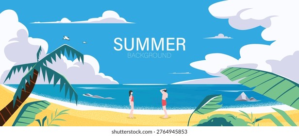 Summer beach background vector with couple on sandy shore, blue ocean, tropical leaves, palm tree and cloudy sky. Suitable for travel poster, banner, vacation design and seasonal promotion.