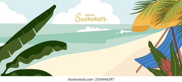 Summer beach background vector with hammock, tropical leaves, sandy shore, calm sea and sunny sky. Suitable for travel poster, banner, resort promotion and vacation design.