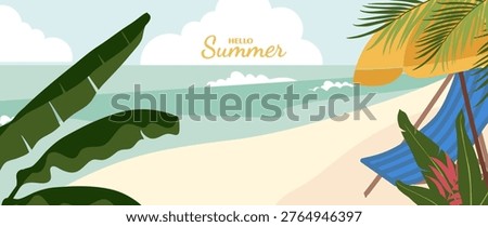 Summer beach background vector with hammock, tropical leaves, sandy shore, calm sea and sunny sky. Suitable for travel poster, banner, resort promotion and vacation design.