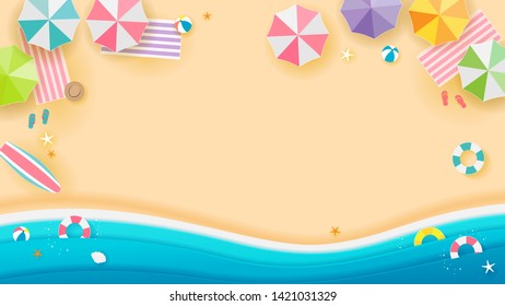 Summer beach Background vector illustration, Top view of beach. Paper art style.