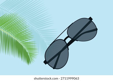 Sommer Strand Hintergrund Vektorgrafik mit Kokosnussblättern und Sonnenbrille.