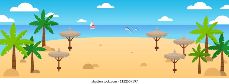 Summer beach background. Vector summer travel banner with waves, palm, straw umbrellas, sail ship, dolphins, clouds. Tropical beach background. Sea panorama for web banner, poster cards. Vector