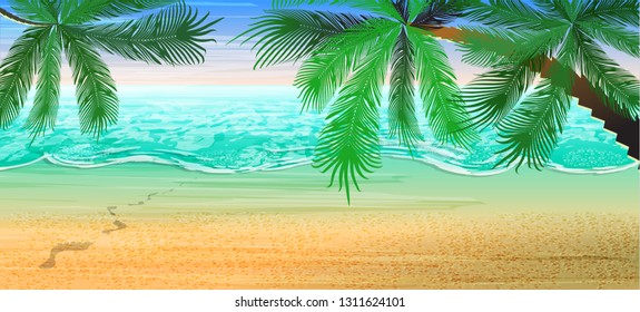 Summer beach background. View
  on the sea and the horizon under the palm trees. Traces of bare feet in the sand leading to the surf. Vector.