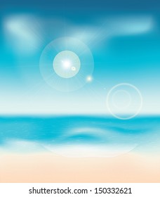 Summer beach background with water and blue sky.