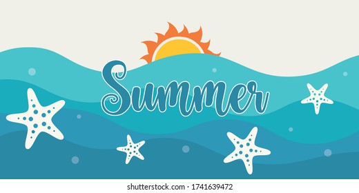 Summer beach background with waves of blue water and starfish.