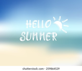 Summer beach background and white text Hello summer, Vector Illustration