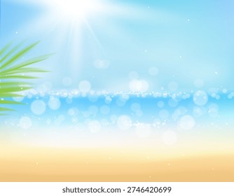Summer beach background,Blue sea ocean,sandy shore,palm leaves,sparkling bokeh light under bright sunlight.Tropical vacation banner with copy space for travel promotion, holiday sale,easonal design