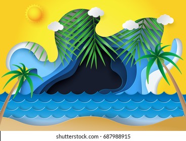 Summer beach background.Ocean wave with abstract paper carve style.Paper art of summer concept design template.Vector illustration.
