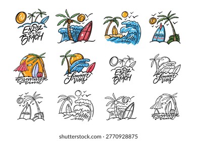 Summer beach badges set with waves palm trees surfboards and lettering enjoy the beach summer time summer vibes