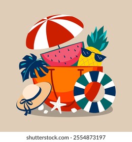 Summer beach bag with a watermelon, pineapple, beach hat, lifebuoy, seashells and starfish on a sandy beige background, evoking a carefree vacation vibe. Tropical holidays vector illustration.
