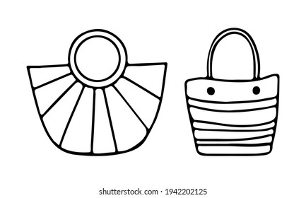 Bolsas de playa de verano de diferentes estilos.  Dibujado en estilo doodle con contorno sobre un fondo blanco.  Ilustración vectorial.