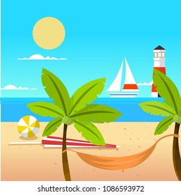 Summer Beach Ball Coconut Tree Beach Cot Yawl Lighthouse Background Vector Image

