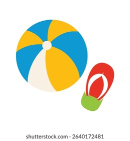 Summer Beach Ball and Flip Flops on White Background